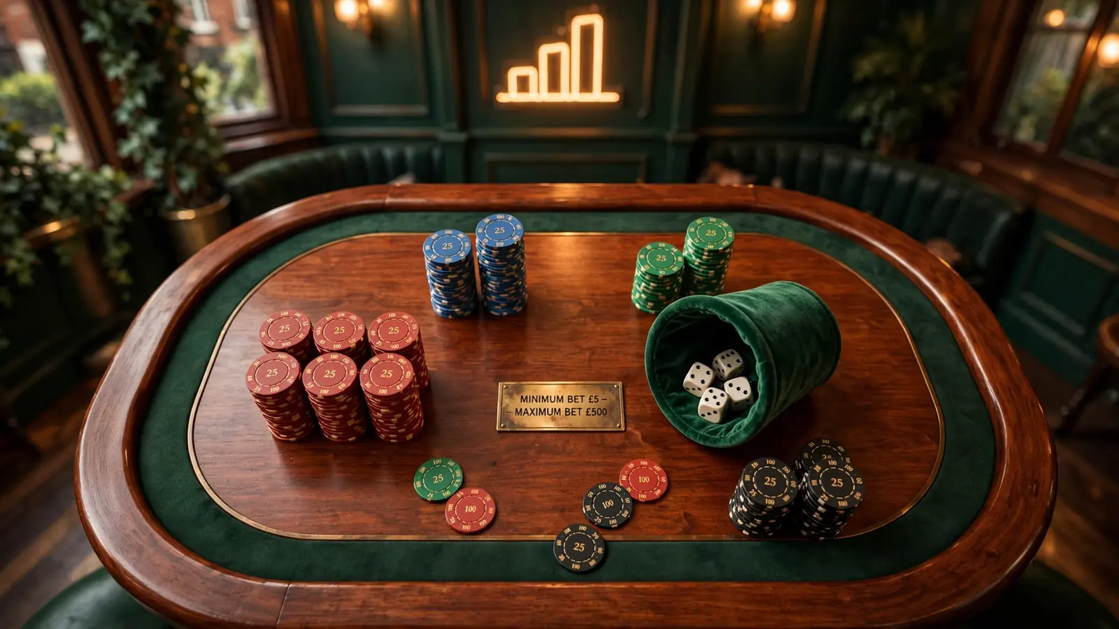 Casino table with chips and dice in a British gaming lounge