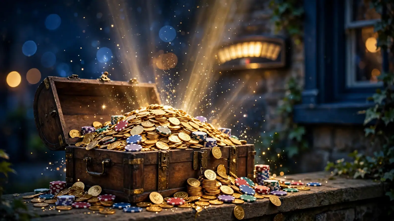 Overflowing treasure chest with gold coins and casino chips under golden light.