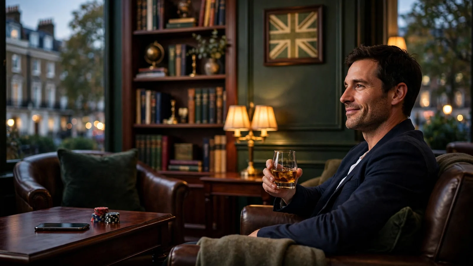 Relaxed man in a London lounge with whisky and casino chips