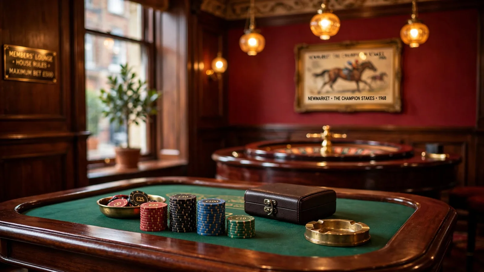 British casino lounge with roulette table and stacked chips