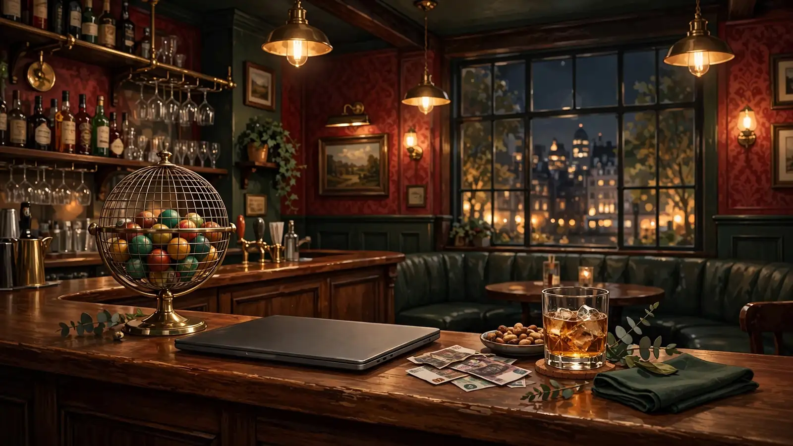 British pub bar with bingo cage, laptop, and whisky glass at night