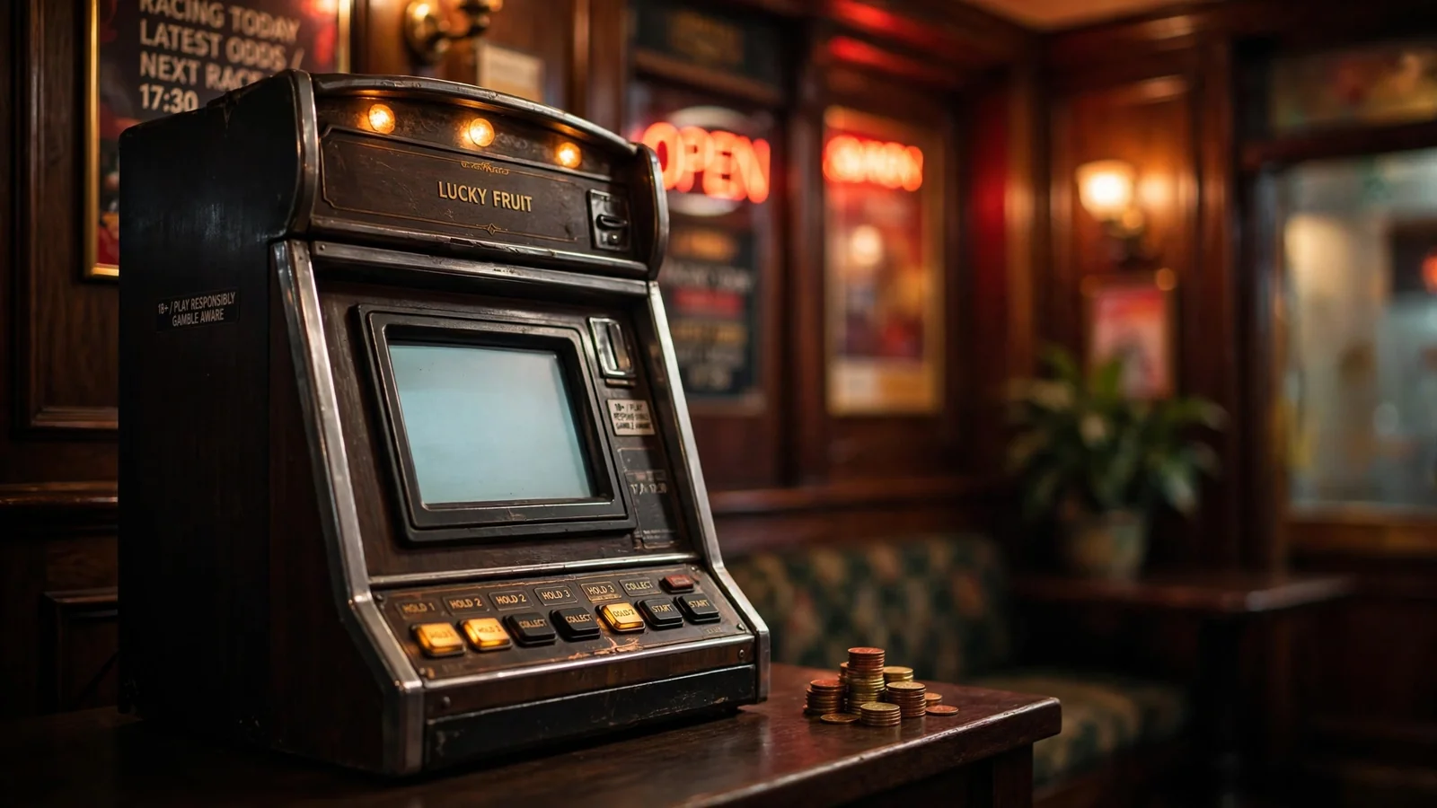 Classic fruit machine inside a traditional UK betting shop with warm neon lighting and stacked coins.