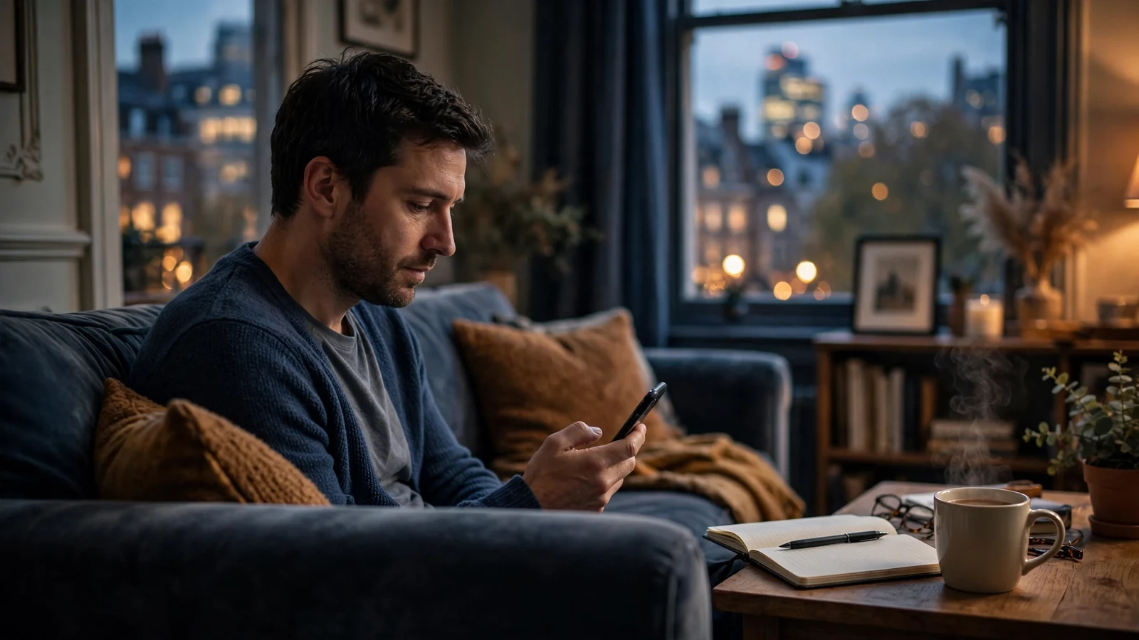Person in a London flat comparing online slot games on a smartphone at dusk.