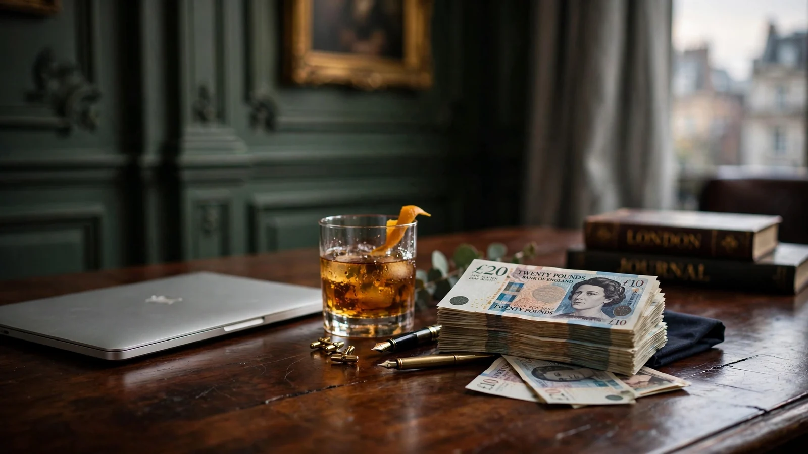 Premium UK casino atmosphere: closed laptop, whisky, roulette ornament, chips, and pounds on a London desk