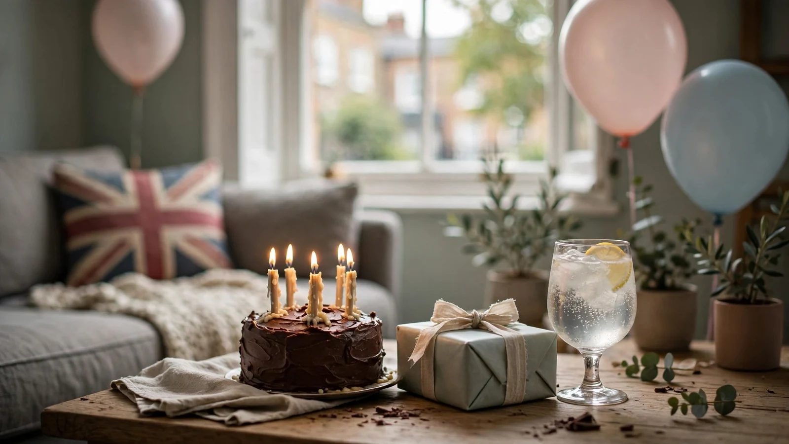 Small birthday celebration with cake, candles, gift and balloons in a British home interior