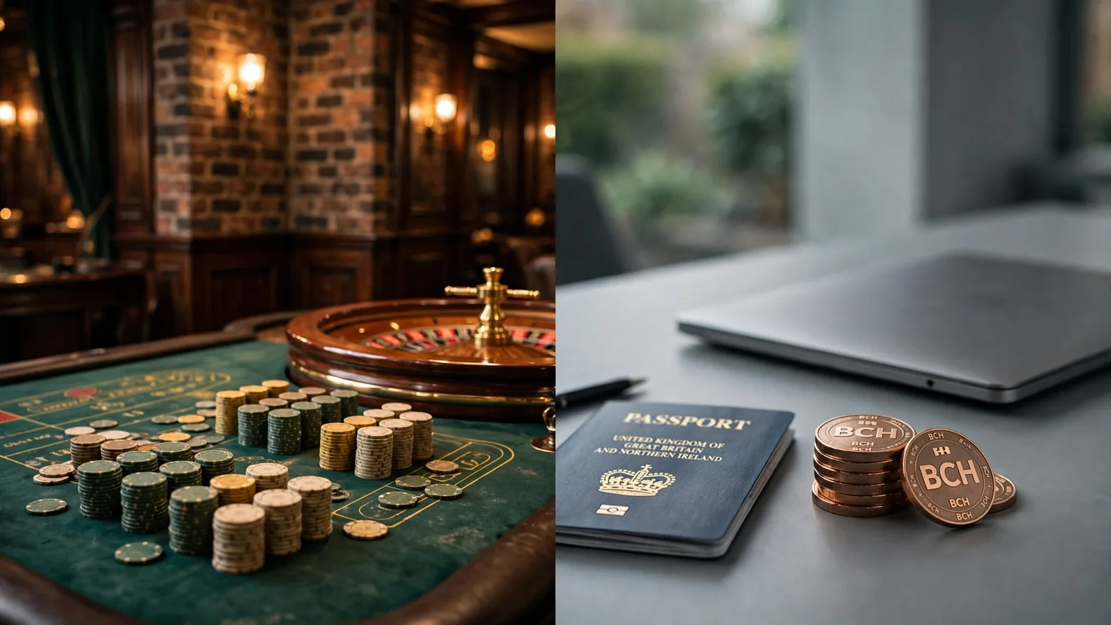 Split scene contrasting a traditional UK casino table with a modern cryptocurrency workspace