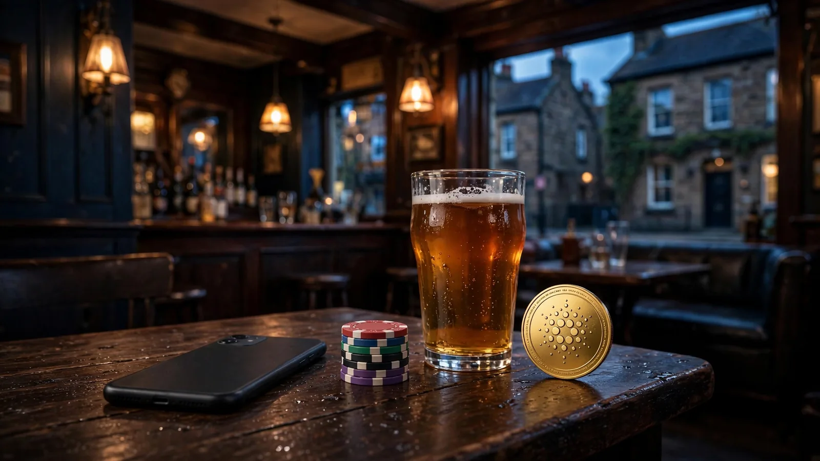 ADA coin beside a face-down phone and poker chips in a British pub