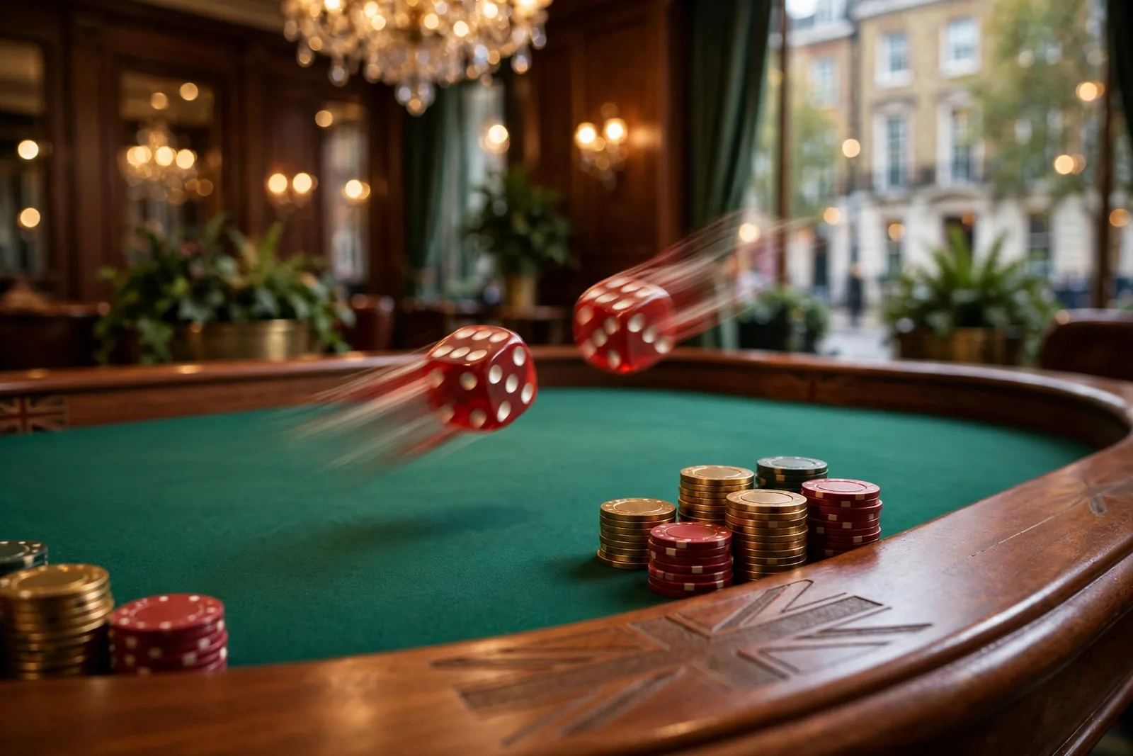 Dice rolling over a green casino table in a London gaming club