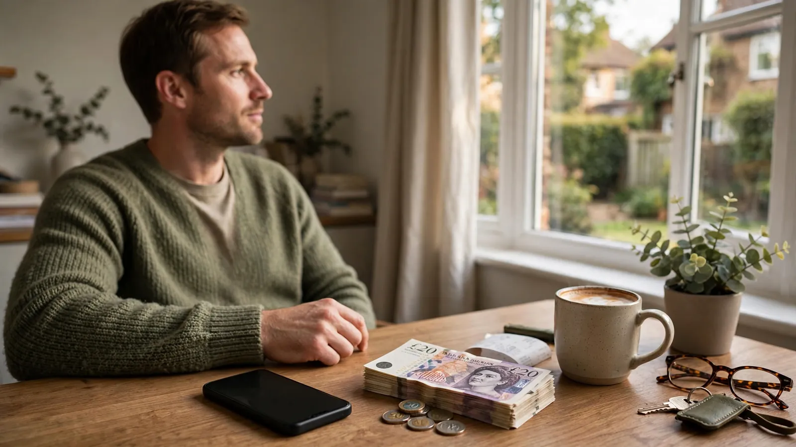Person at desk with smartphone and British pound banknotes in daylight