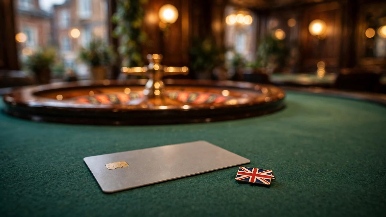 Generic credit card on green casino table with British flag pin and roulette wheel behind