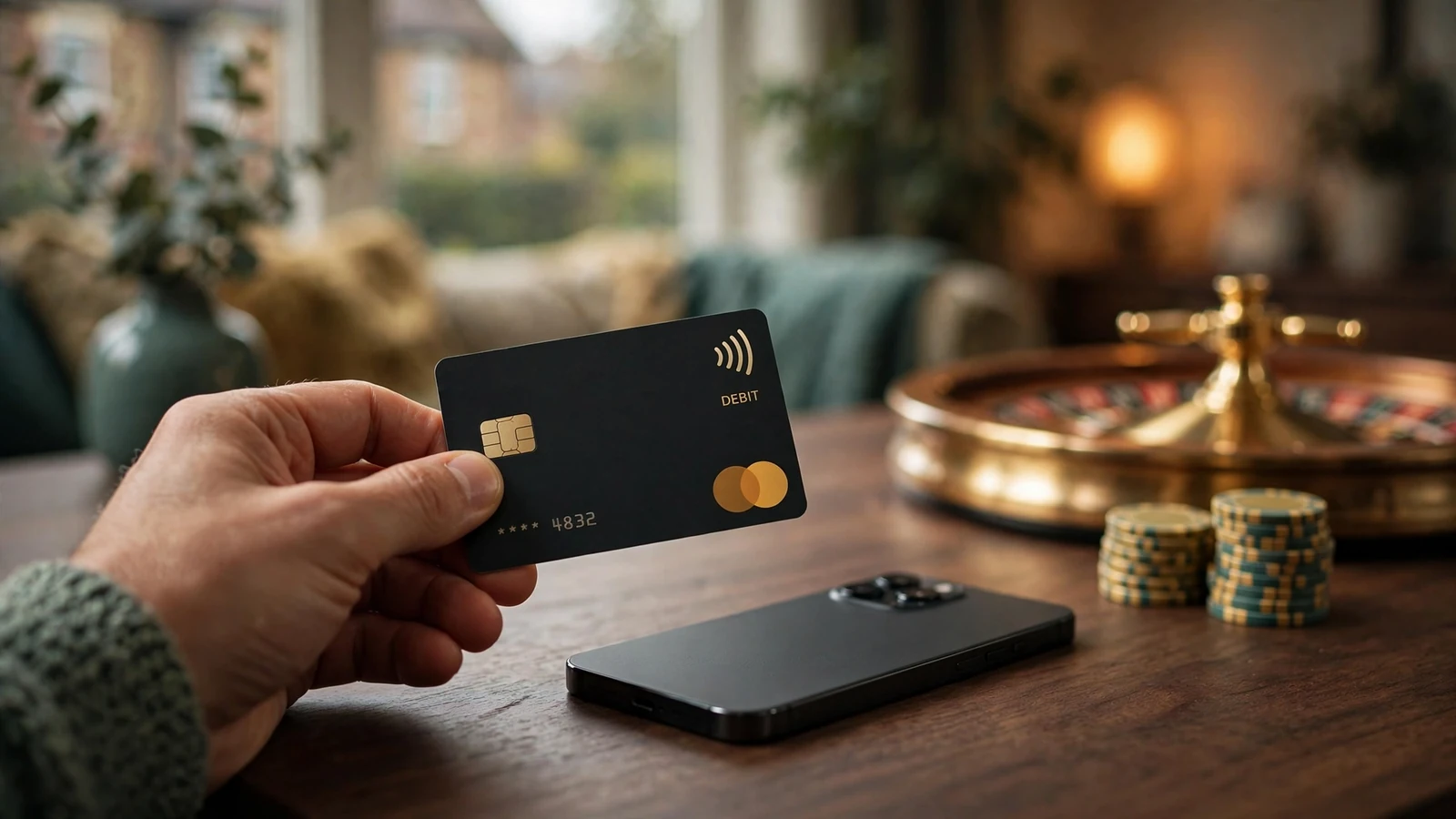 Hand holding a contactless debit card near a smartphone with casino chips and roulette wheel on a wooden table