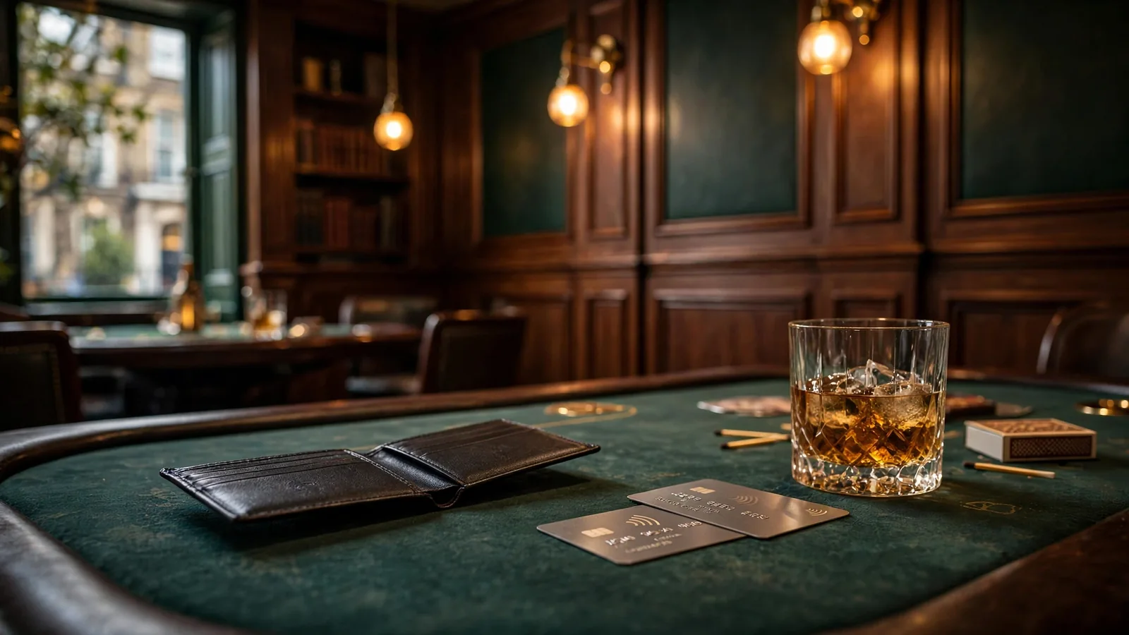 Premium leather wallet and payment cards on an elegant London casino club table