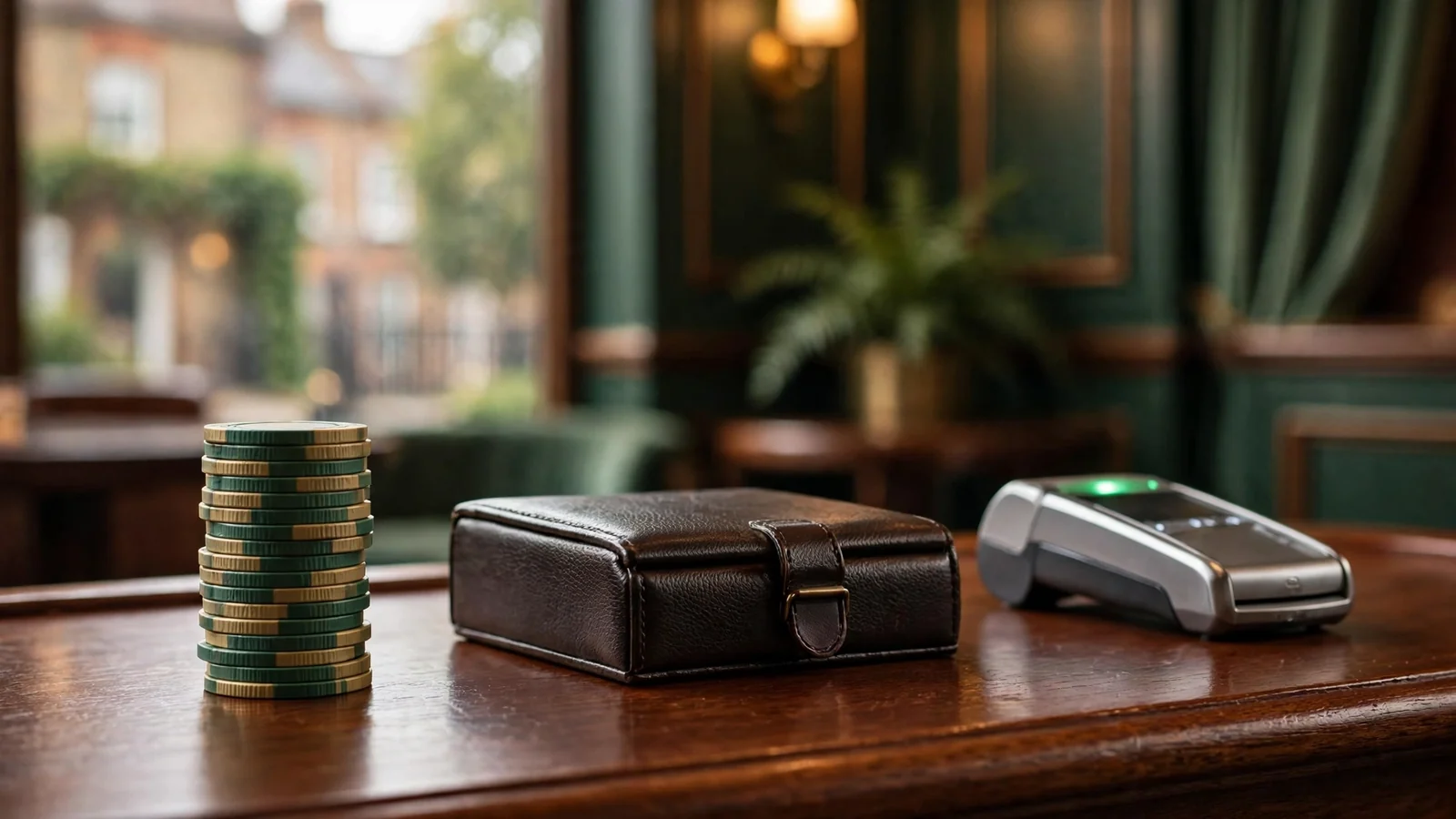 Casino table with chips and a glowing payment terminal suggesting Jeton availability