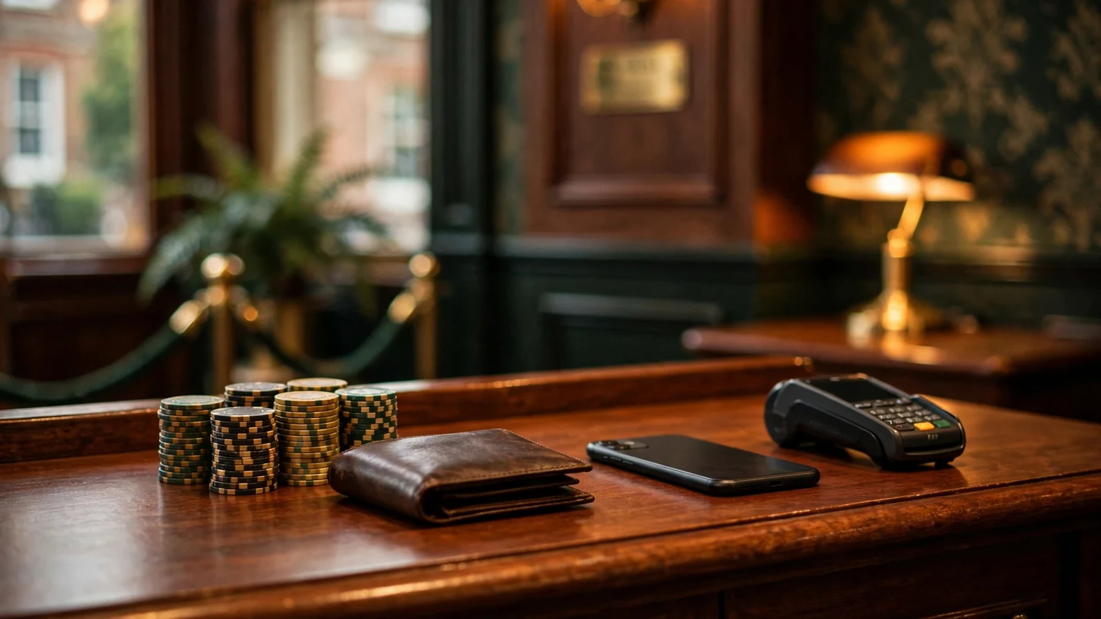 Casino cashier desk with chips, closed wallet and payment terminal in warm light