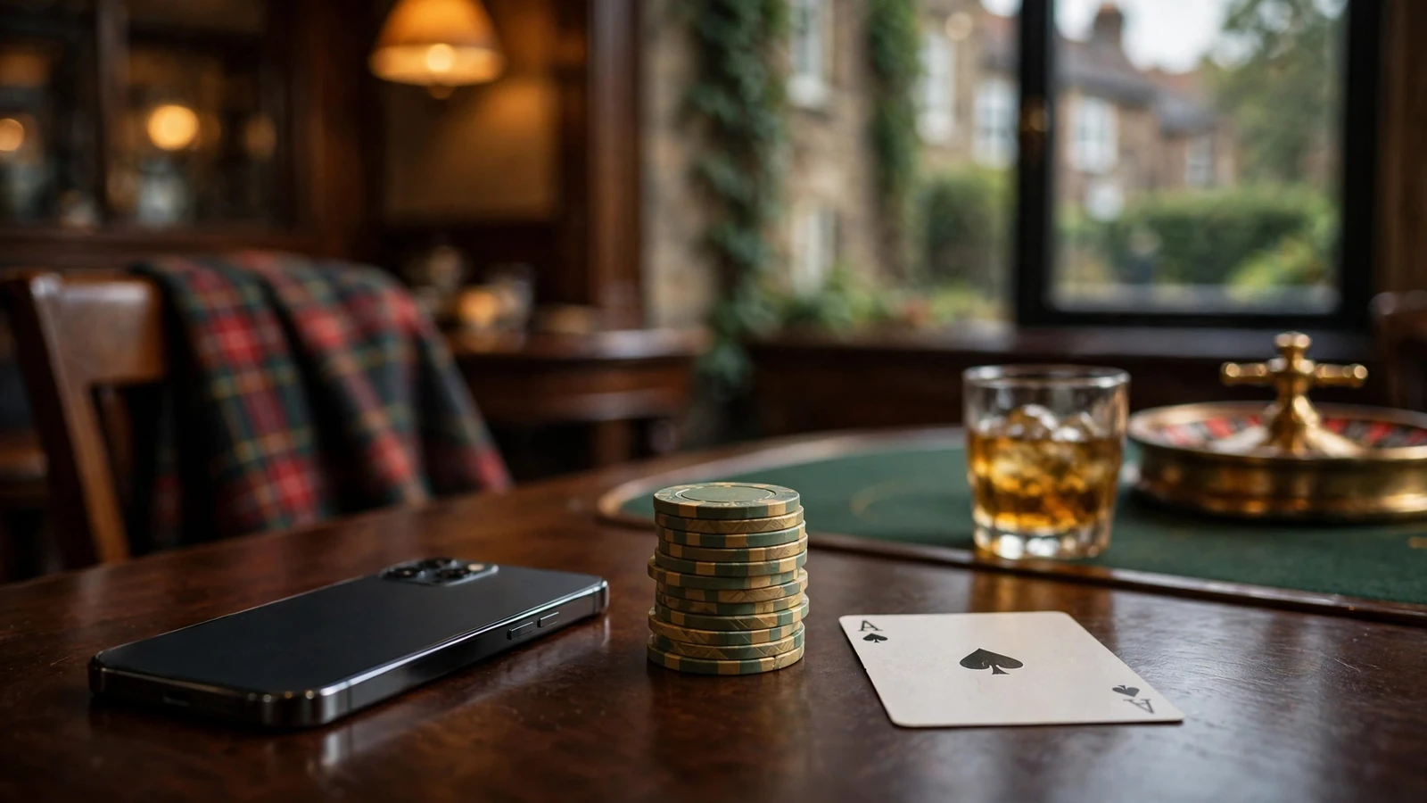 iPhone and casino chips on a felt table in warm British setting
