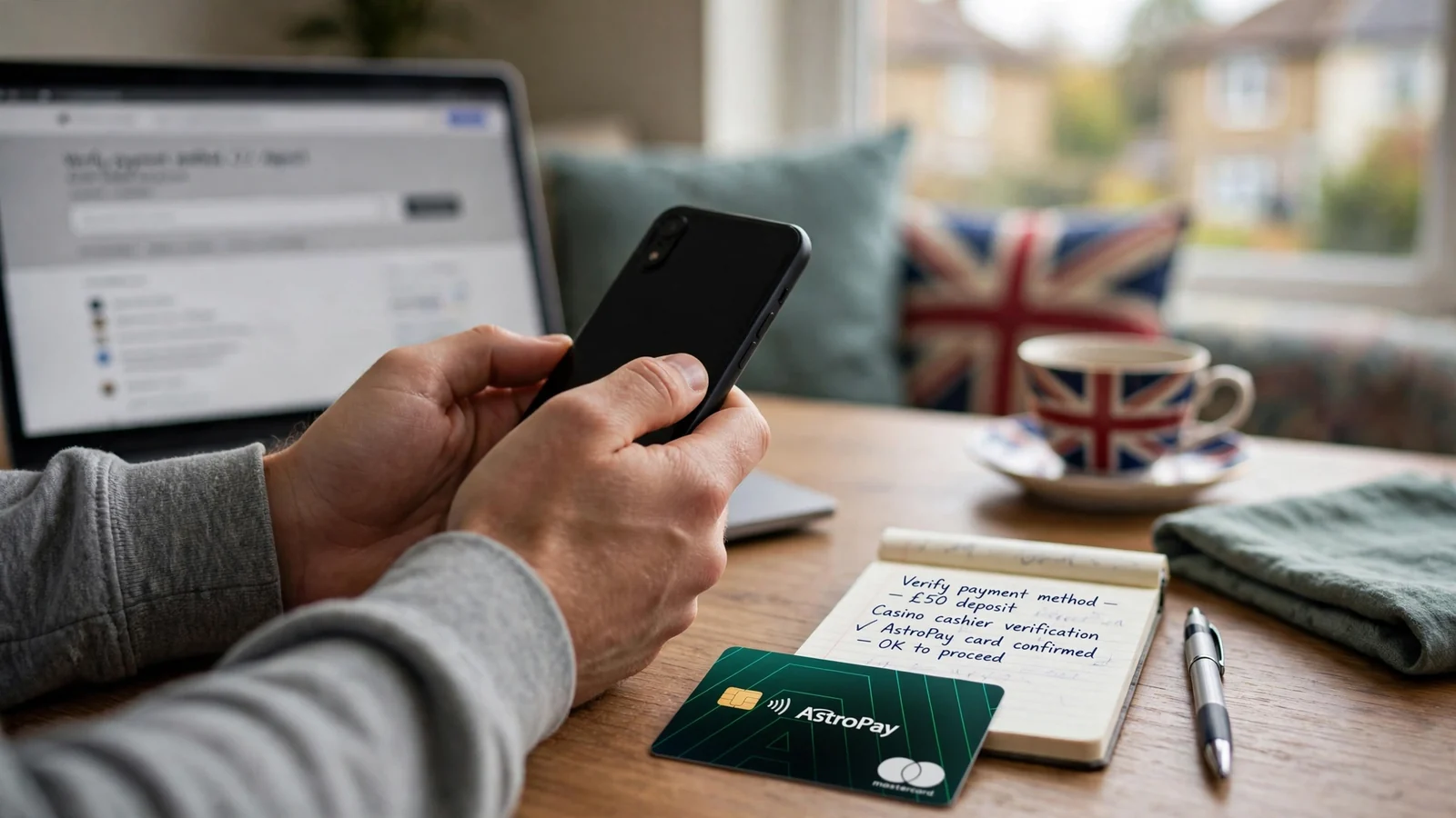 Player verifying AstroPay payment method at a British home desk with laptop and smartphone