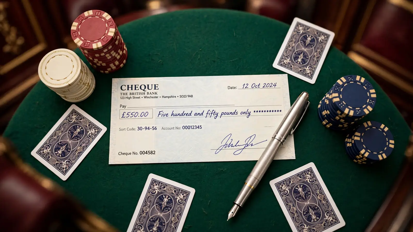 Signed UK bank cheque on green casino table with poker chips and playing cards