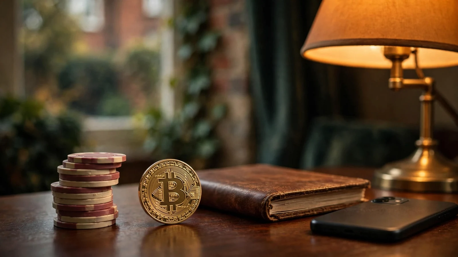 Casino chips, a physical Bitcoin coin, and a notebook on a wooden desk in warm light.