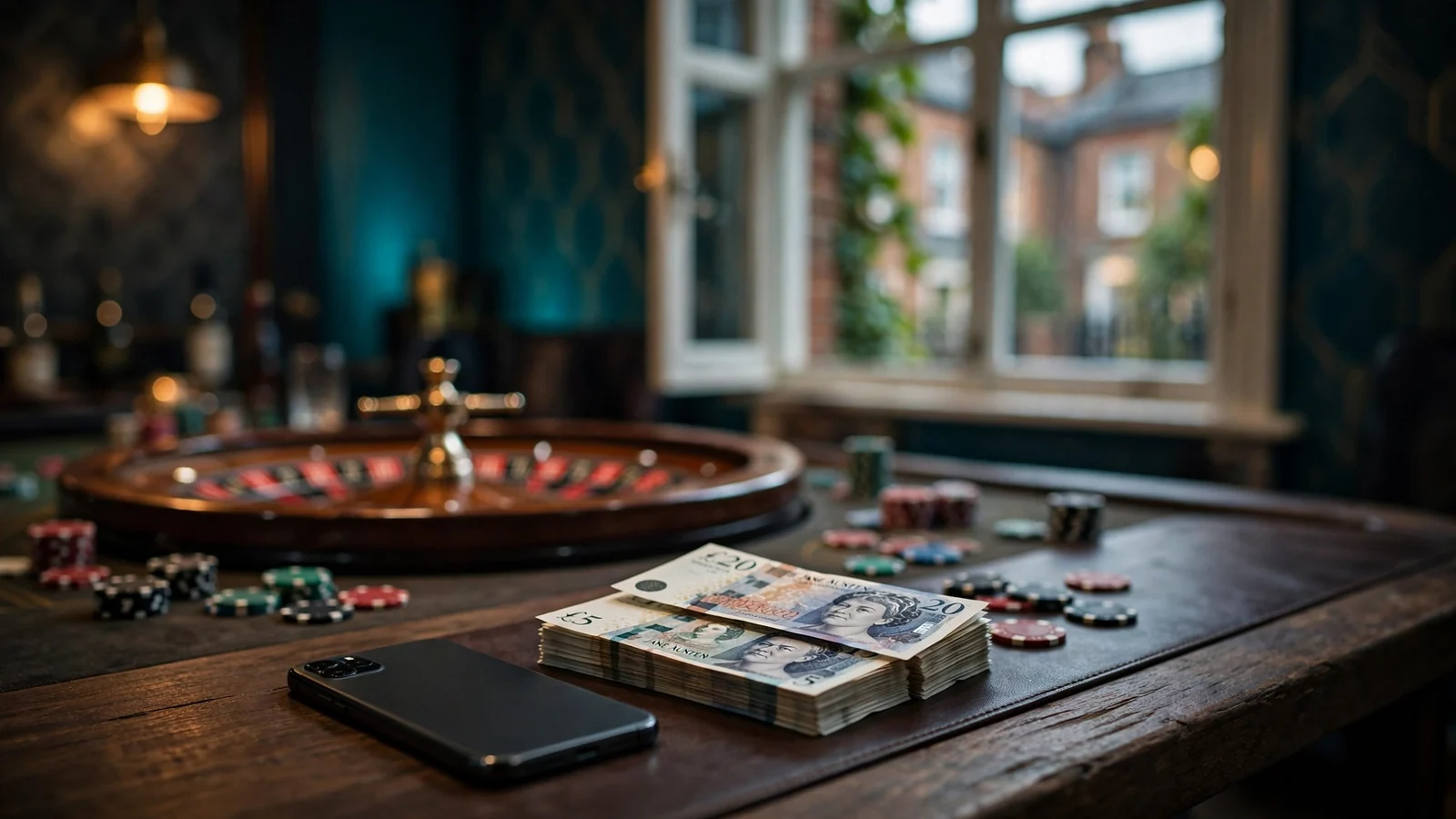 Smartphone, poker chips, roulette wheel on a dark desk suggesting Boku mobile casino payments in the UK.