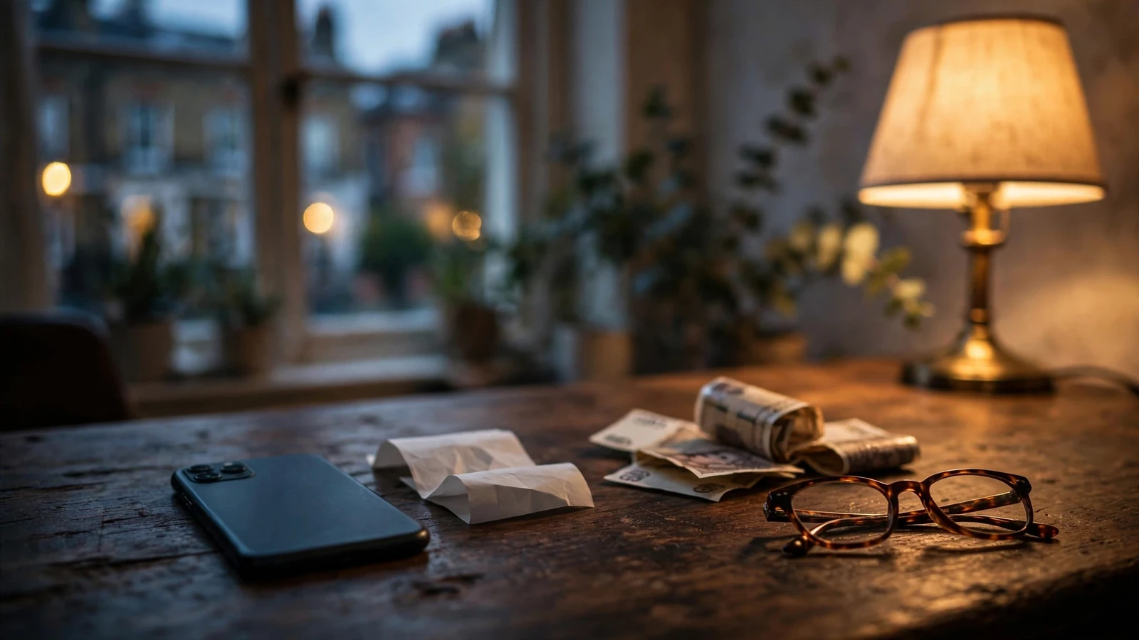 Phone face-down with a UK payment receipt and pound notes on a desk