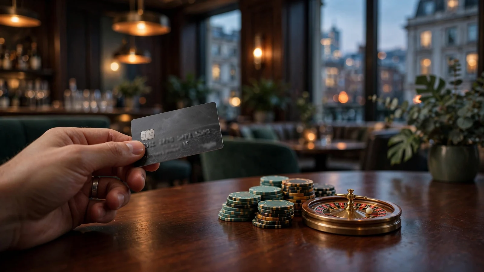 Hand holding a credit card near casino chips and a roulette wheel on a table in a London lounge.