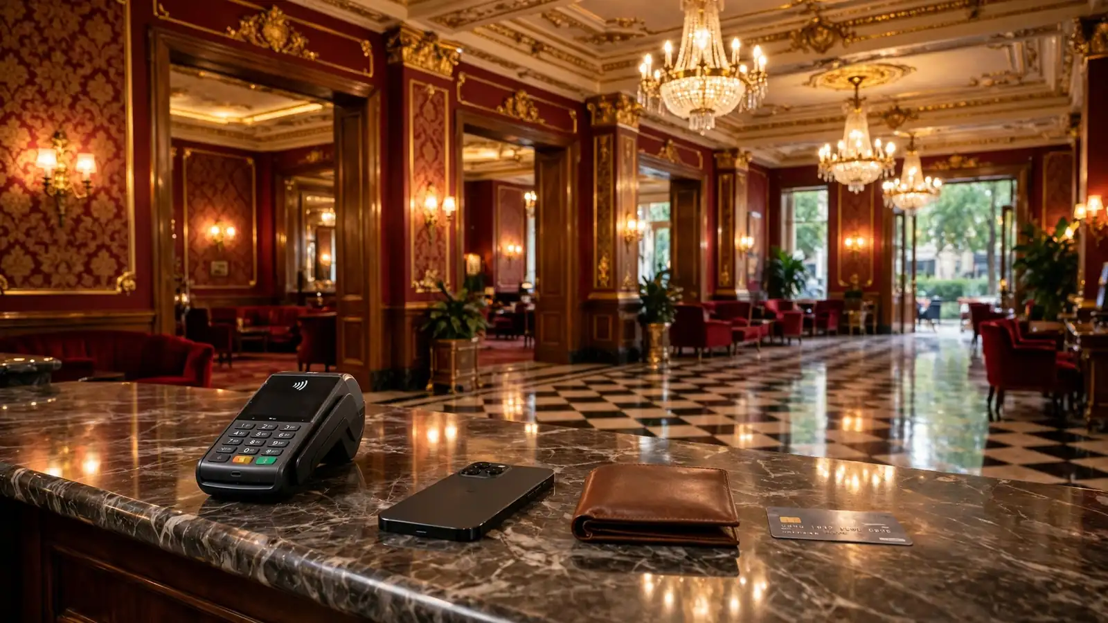 Elegant UK casino lobby reception desk with payment terminal, wallet and credit card