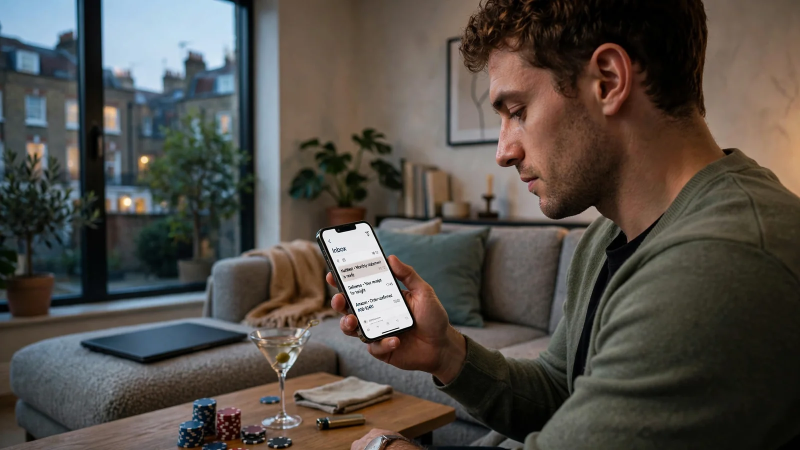 Man in London flat thinking about online casino payment options with laptop and chips