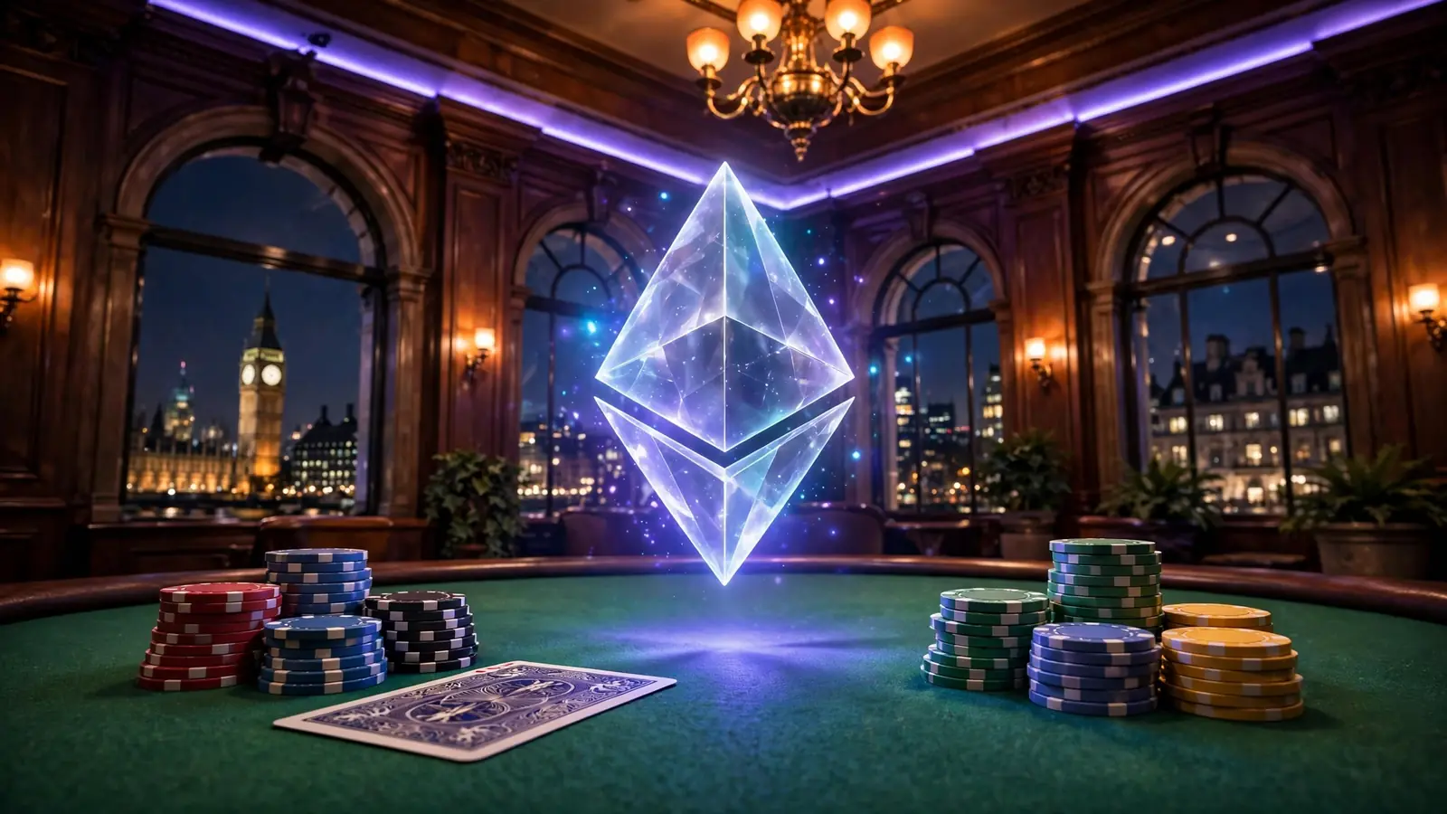 Glowing Ethereum crystal above a UK casino table with chips and London skyline beyond arched windows.