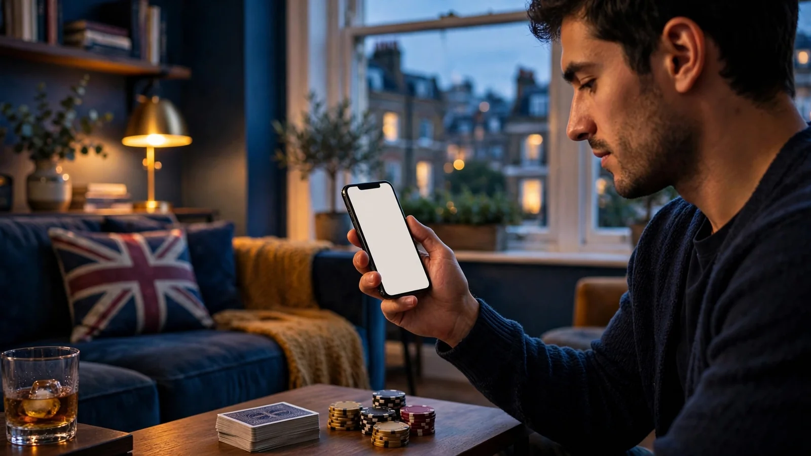 Person in London flat with smartphone, casino chips, and playing cards on table
