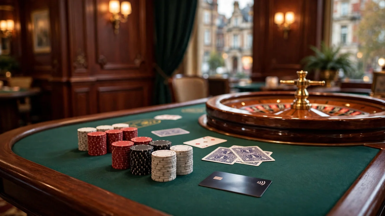 Elegant UK casino table with roulette wheel, chips, and a bank card