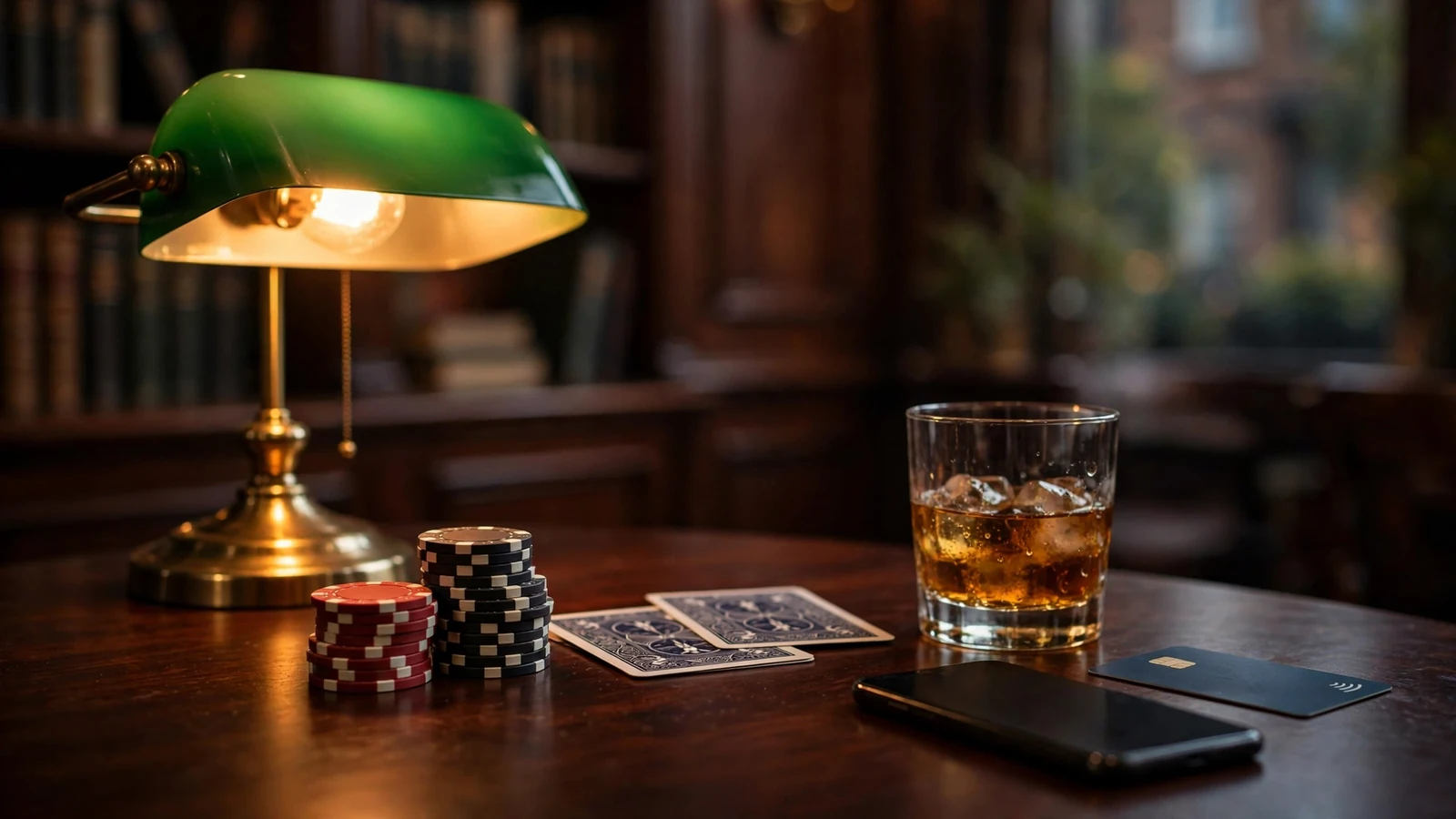 Polished wood table with poker chips, playing cards, whisky, and a smartphone in a UK club setting.