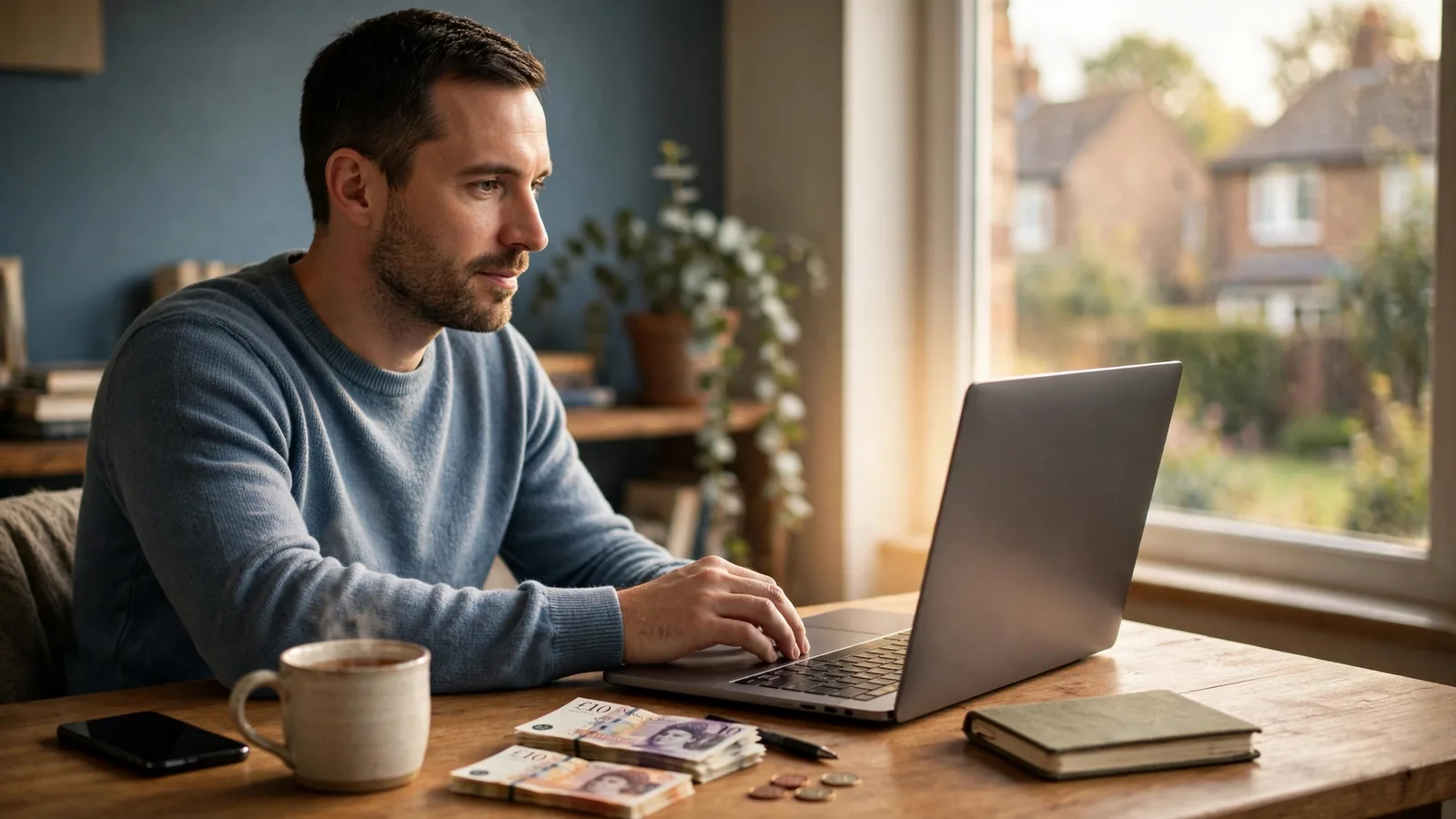 Man at desk reviewing laptop payment options with British pounds nearby