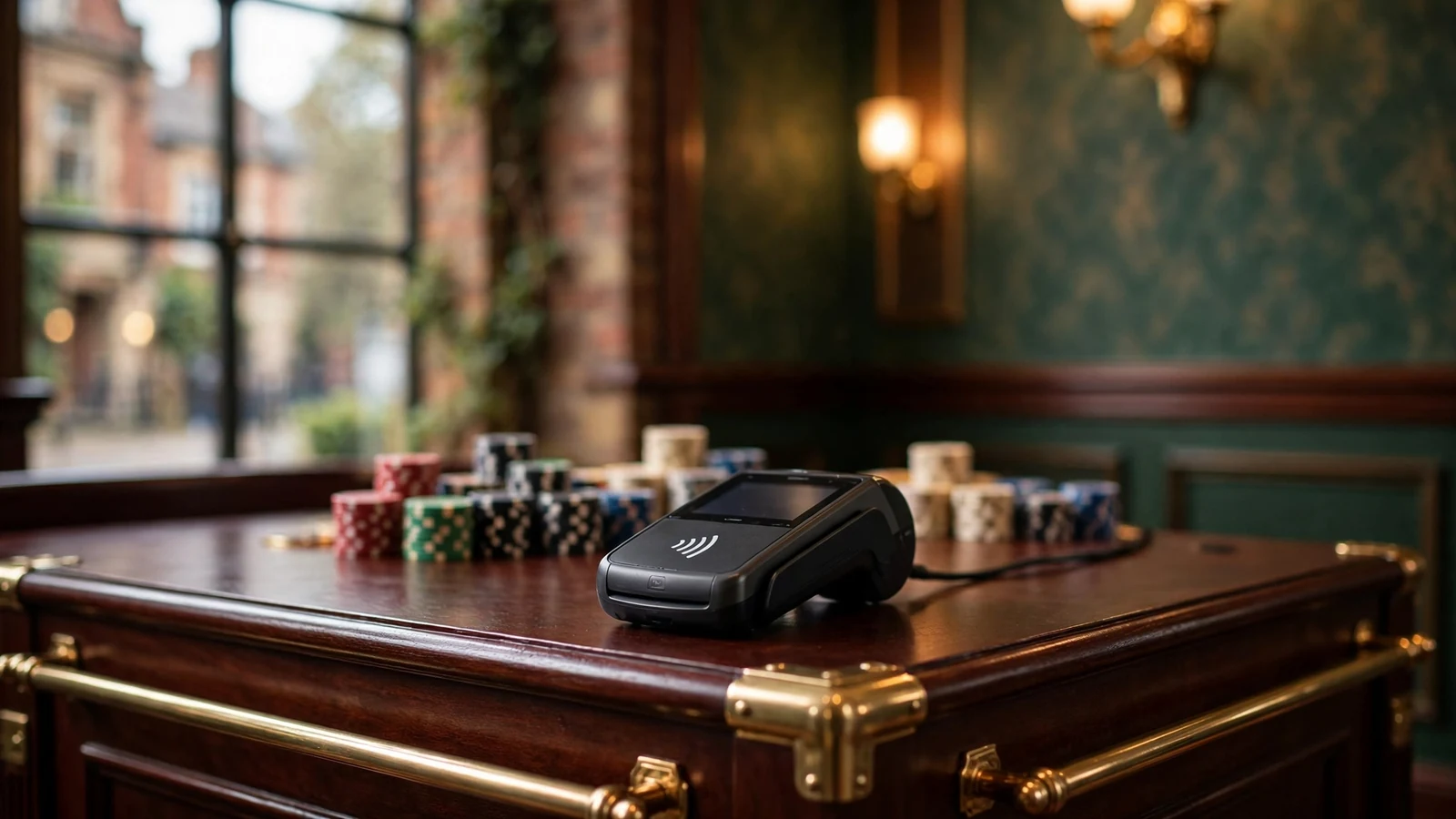 UK-style casino cashier desk with contactless payment terminal and chips