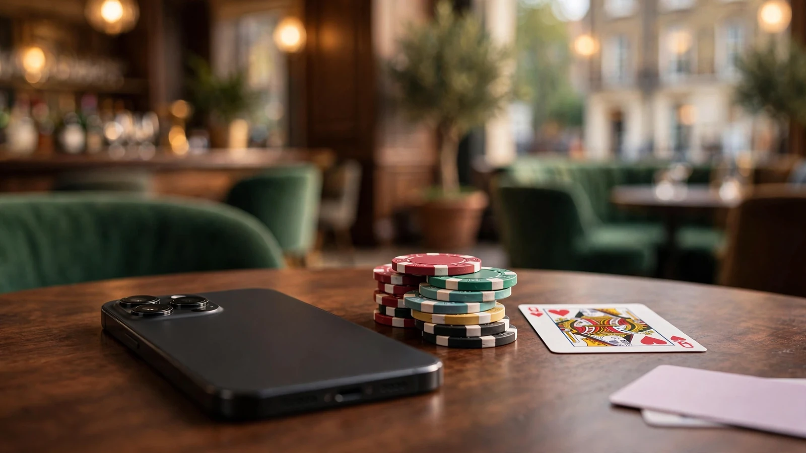 Smartphone with casino chips and payment card on table in UK lounge