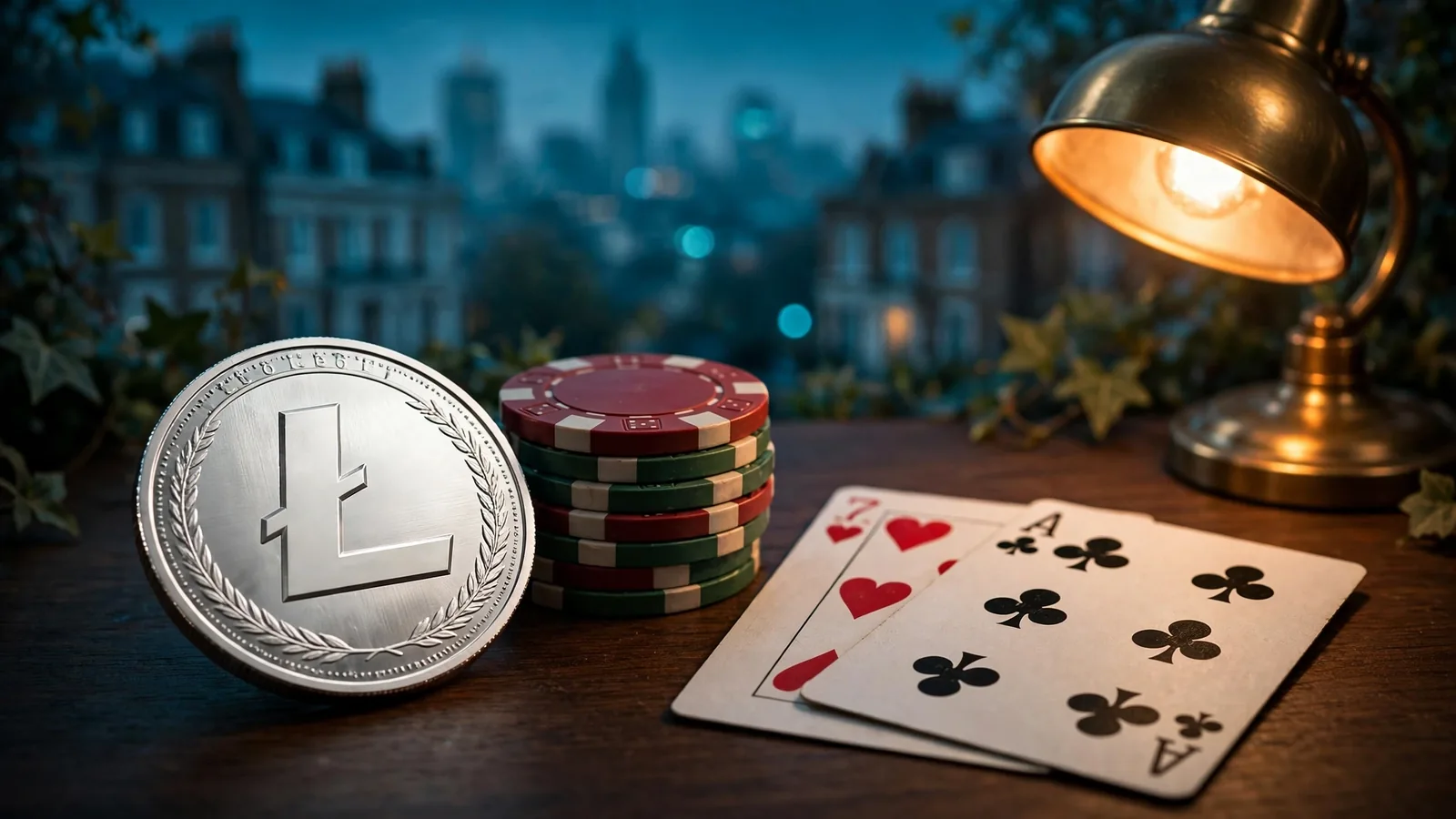 Litecoin coin with casino chips and playing cards on a wooden table, London skyline in the background