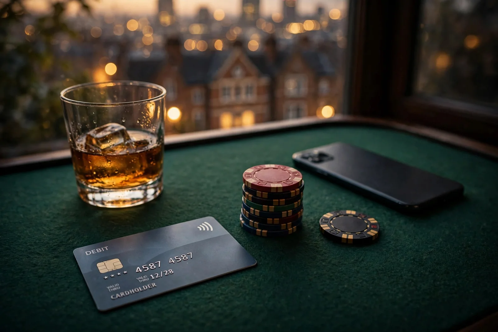 Debit card, casino chips and smartphone on green felt table.