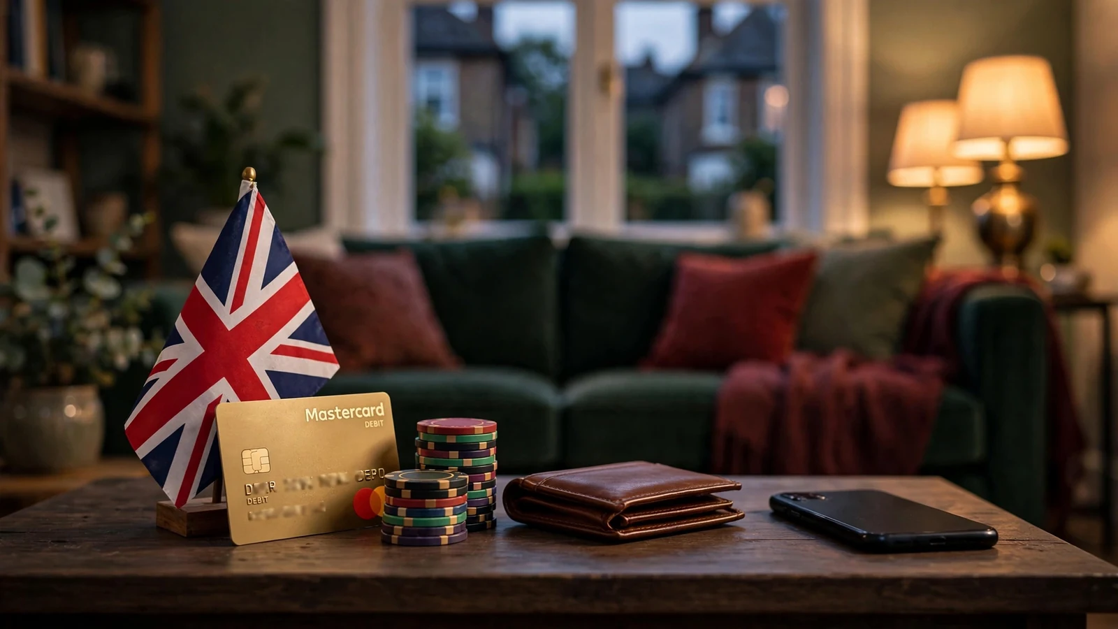 Mastercard debit card with casino chips on a UK coffee table
