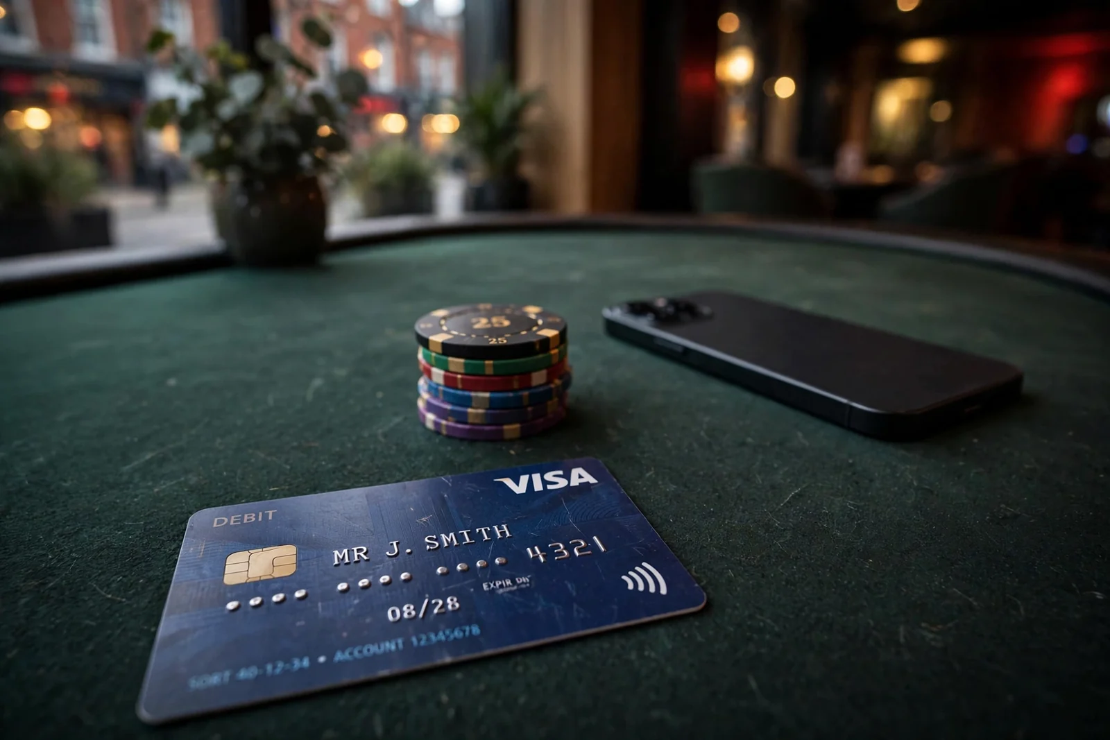 Smartphone and UK bank card beside casino chips on a felt table