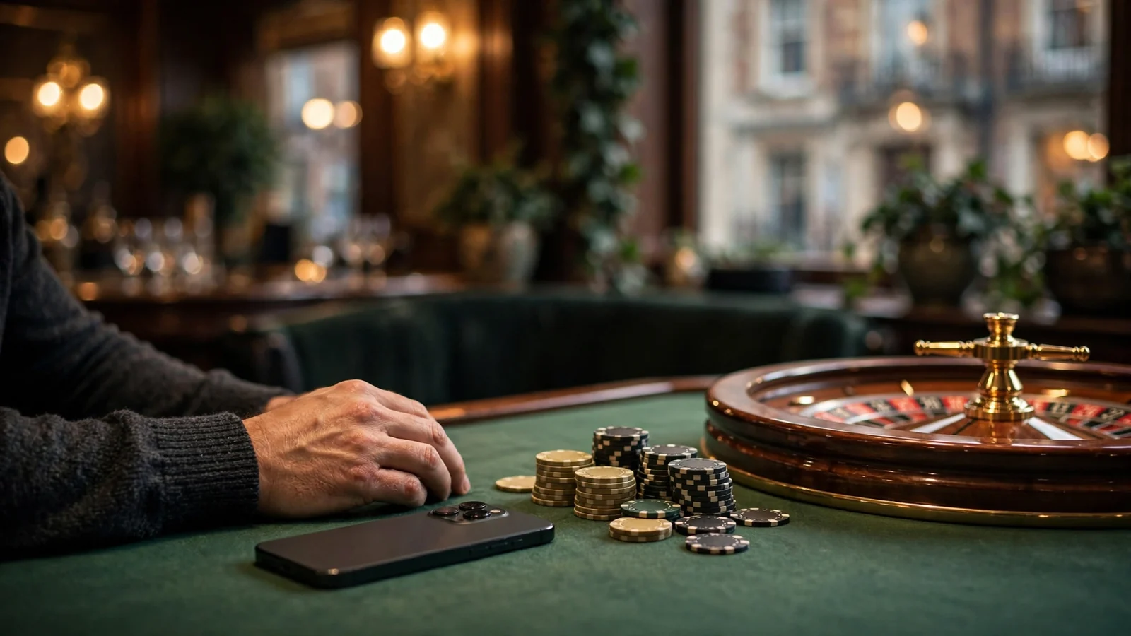 Hand holding smartphone near casino chips and roulette wheel on green table