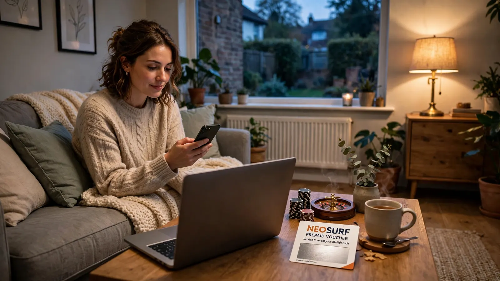 Person at home using a smartphone near a laptop, with casino chips, a mini roulette, and a prepaid voucher on the table.