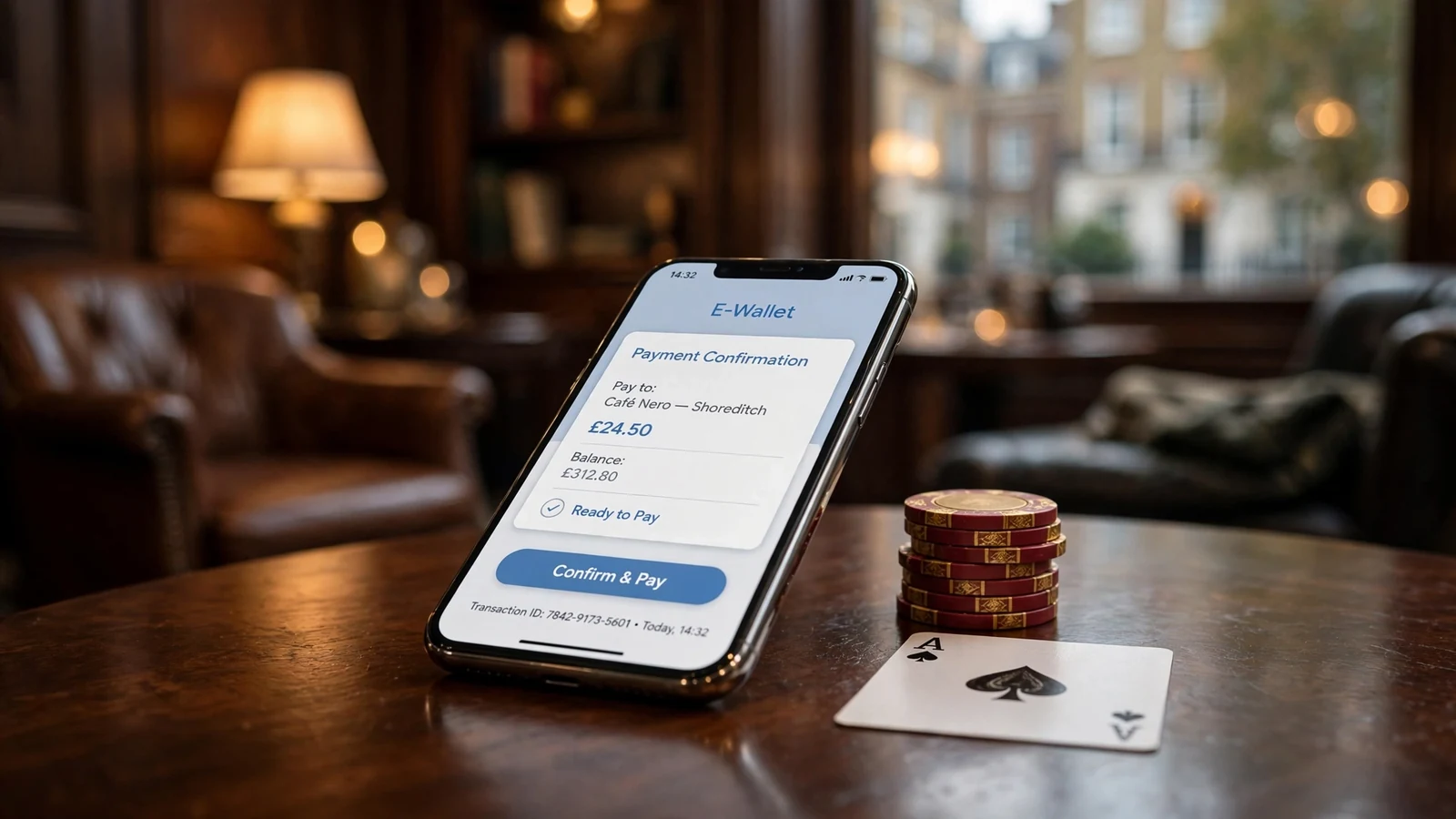 Smartphone with e-wallet payment screen on wooden table beside casino chips in London lounge.