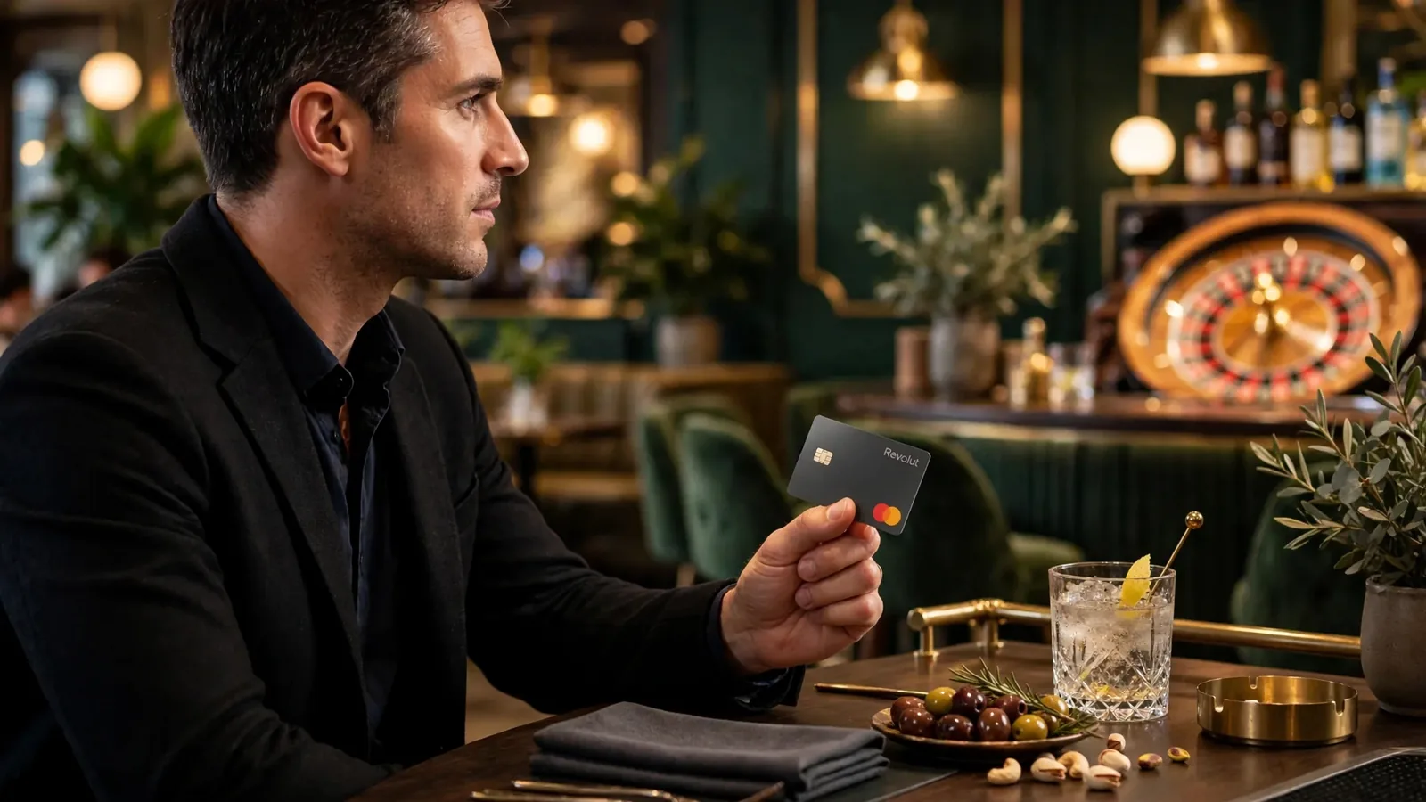 Person holding a payment card inside an elegant UK casino lounge with a roulette wheel in the background