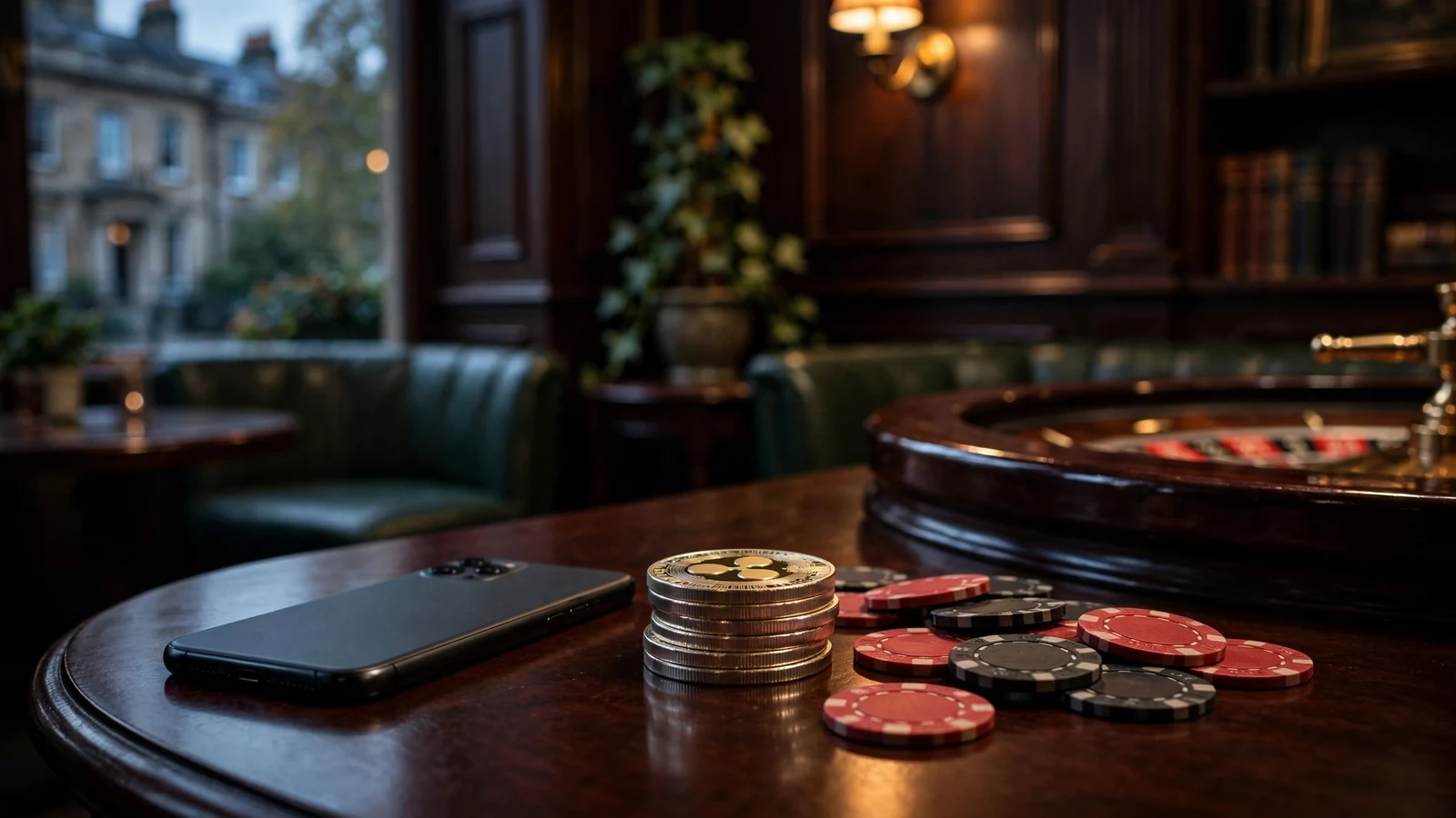 Smartphone with Ripple coins and casino chips on a dark table near a roulette wheel