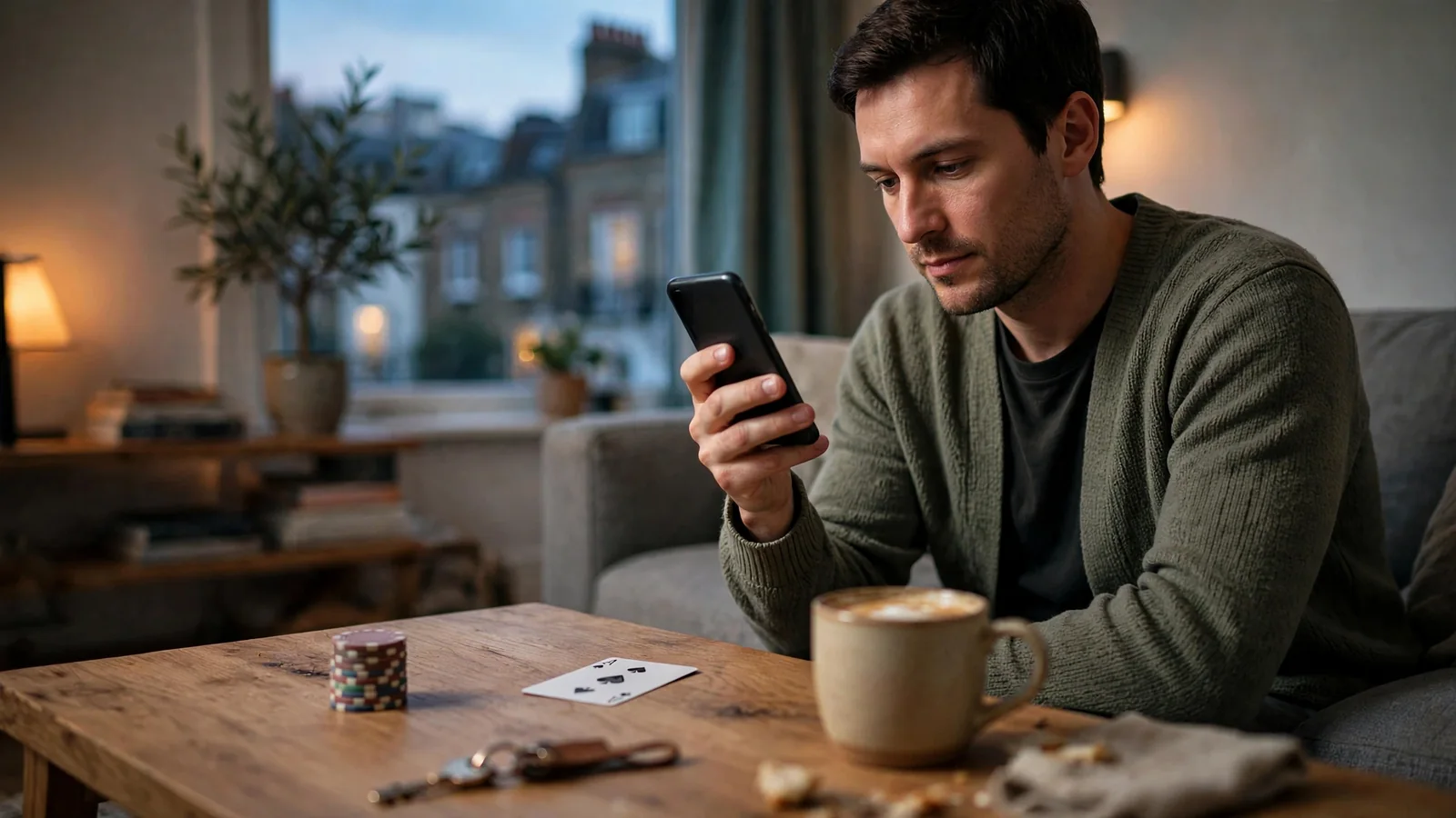Person in a UK apartment holding a smartphone with casino chips on the table