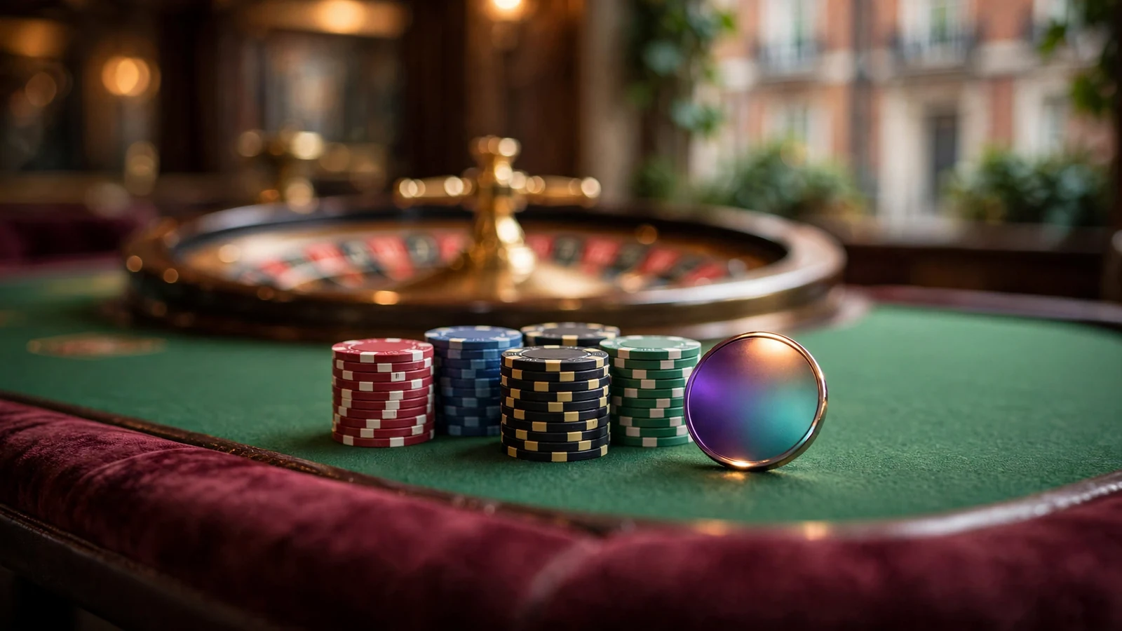 Casino chips and Solana-style gradient coin on a roulette table
