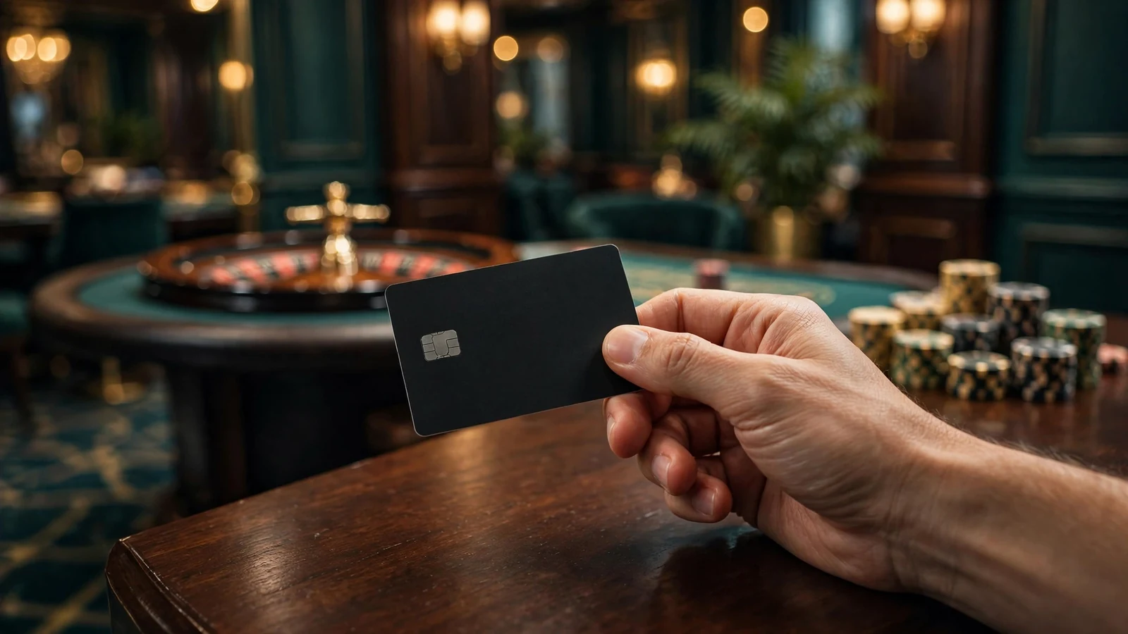 Hand holding a payment card at a UK casino table