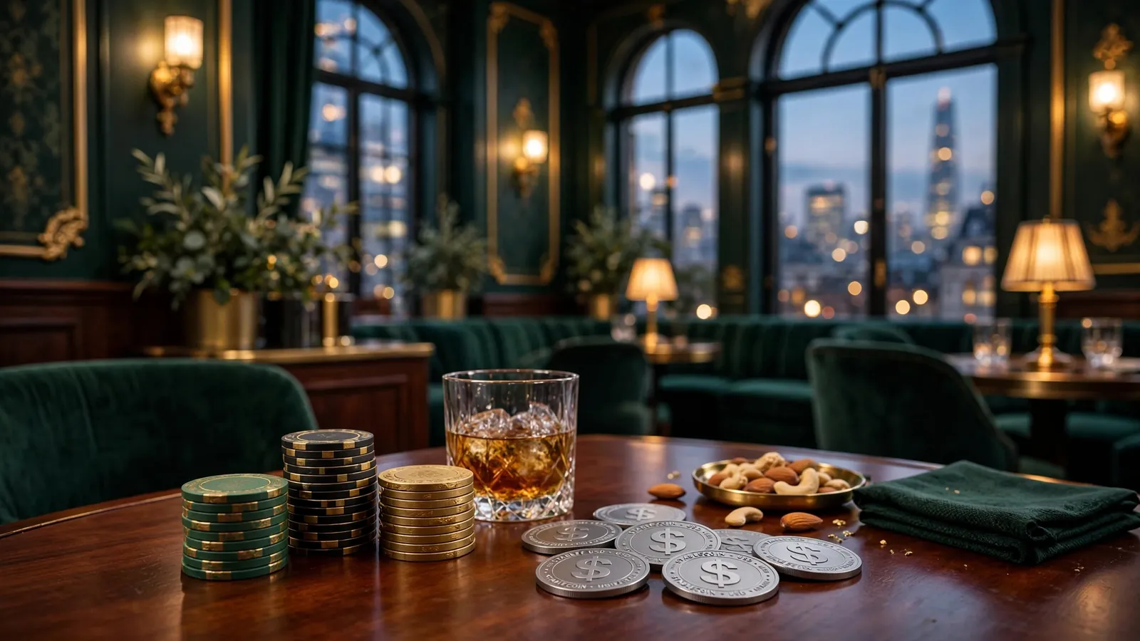 Elegant London casino lounge with chips, whiskey glass and silver stablecoin tokens on a mahogany table