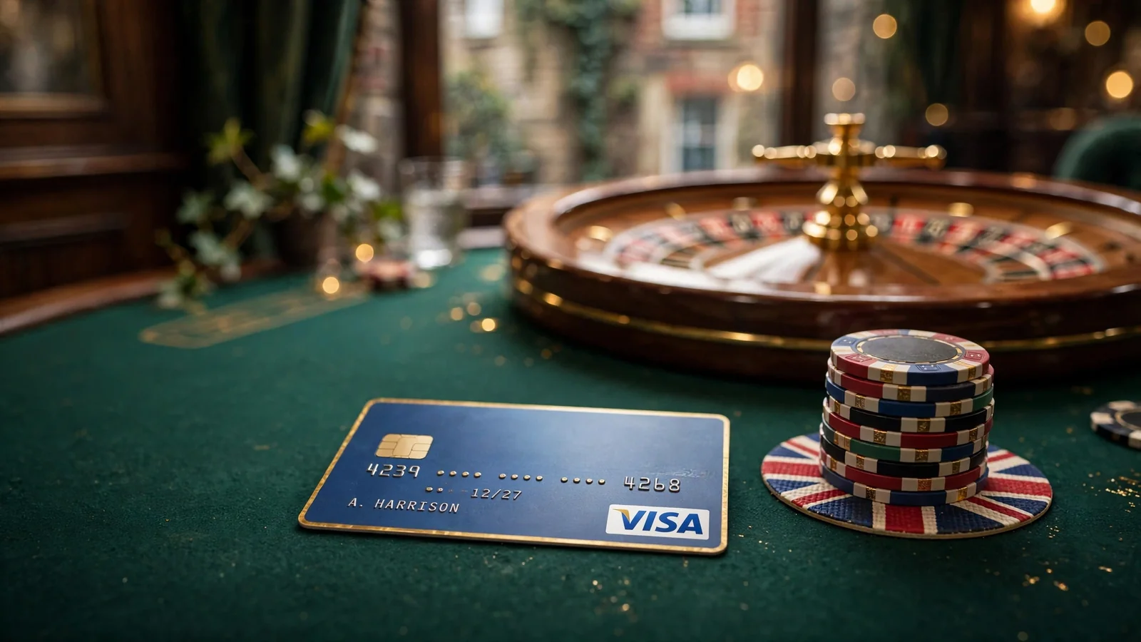 Visa card with poker chips and roulette wheel on a UK casino table