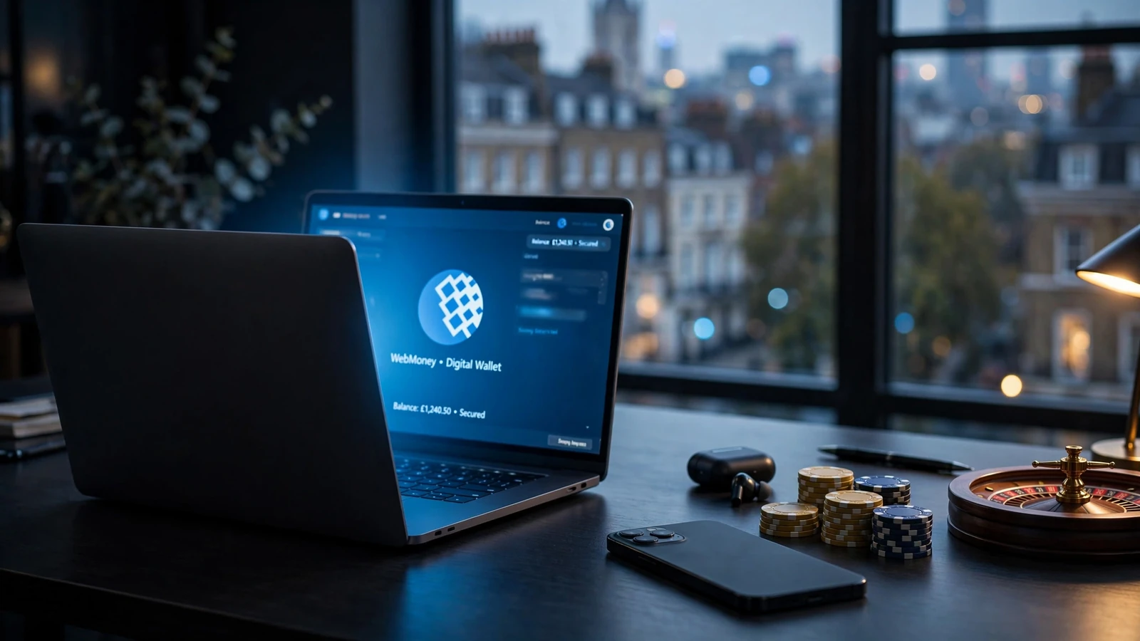 UK online casino scene with smartphone, laptop, chips, and roulette on desk