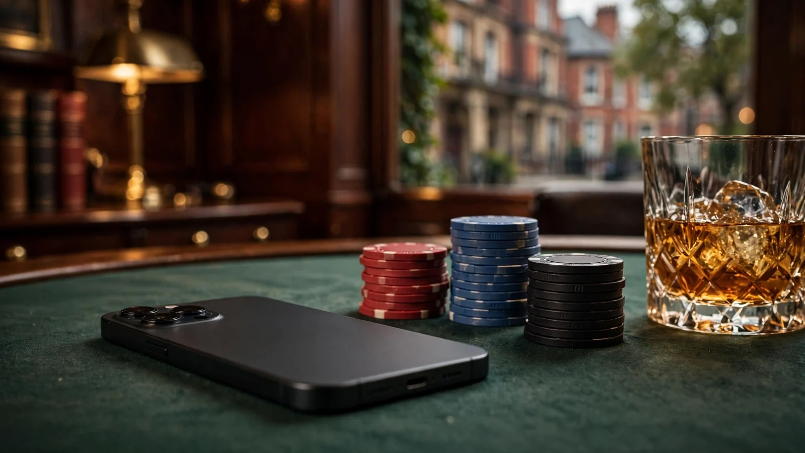 Smartphone face-down on green felt with stacked casino chips and a whiskey glass